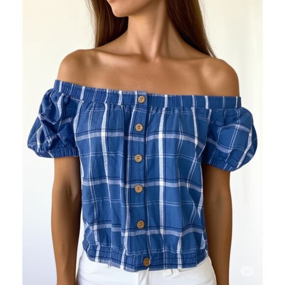 Clockhouse Off Shoulder Plaid Top Women's S Blue Faux Button Front Puff Sleeve - Picture 1 of 11